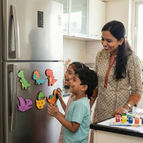 Image of ImagiVibe Paint Your Own Dino Fridge Magnets Kit for Kids | 6 MDF Dinosaur Cutouts DIY Painting Activity with Colours & Brush | Creative Screen-Free Art & Craft Kit | Made in India (Dinosaurs)