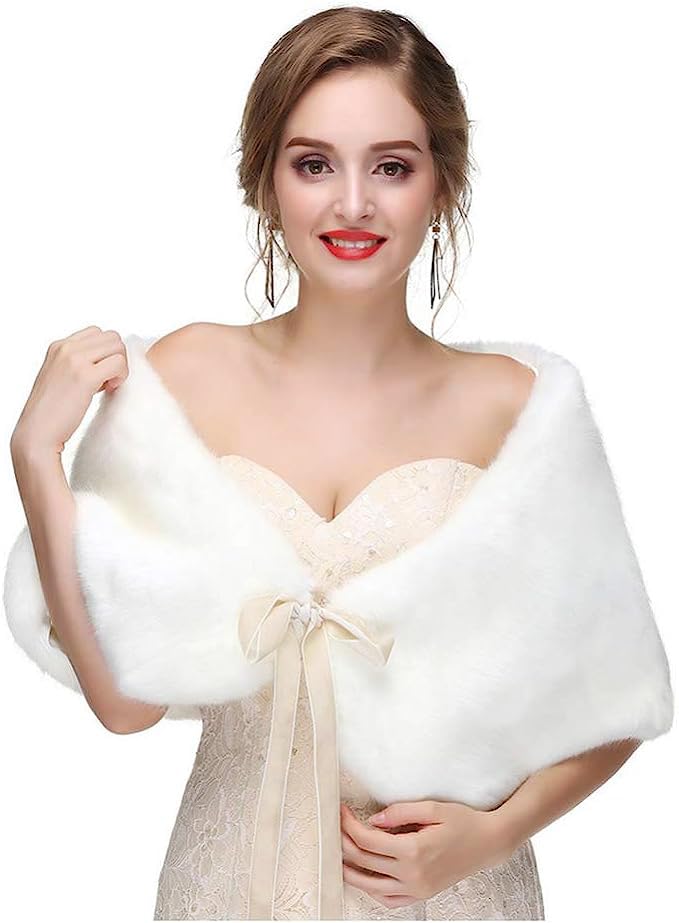Ursumy Women's Wedding Shawl Faux Fur Wraps Bridal Fur Stole Fur Scarf with Rhinestones Brooch for Bride and Bridesmaids (White)2