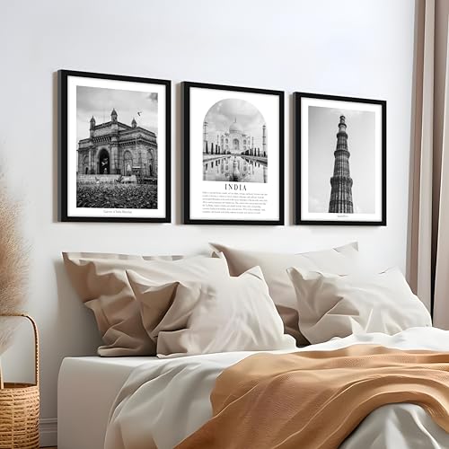 Image of PAINTINGMANTRA Wall Art for Home A3 Indian Gallery Wall Art Prints Pack of 3 Framed Poster Heritage Wall Decor Historic Monuments, Vintage Photography Wall Art for Living Room, Bedroom (32x44 cm)