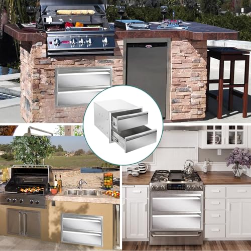Image of Outdoor Kitchen Drawers 18 inch W x 15 inch H x 23 inch D Stainless Steel Drawer BBQ Double Drawers with Hidden Handle for Outdoor Kitchen Island, Patio Grill Station
