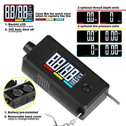 Image of CZC AUTO Digital Tire Pressure Gauge Reader Checker 2 in 1 Accurate Digital PSI Tire Gauge with Tread Depth Gauge Backlit LCD for Car Truck Bicycle Motorcycle, Non-Slip Grip, 0-100 PSI (Pack of 2)