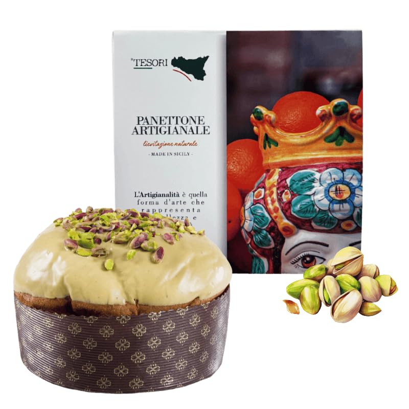Tesori di Sicilia Panettone Artesanal Tradicional con Pistacho de Sicilia, Caja 'A donna Lisabetta', Panettone de fermentación Natural 1Kg, Idea Regalo Navidad