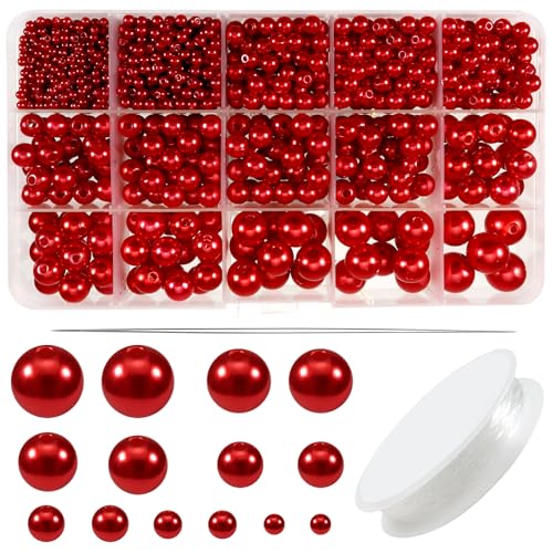 TOAOB 1400 Piezas Cuentas de Vidrio 3 mm a 14 mm Cuentas de Cristal Rojo Transparentes Redondas Abalorios de Cristal Espaciadoras para Hacer Bisuteria y Manualidades Collares Pulseras Accesorios