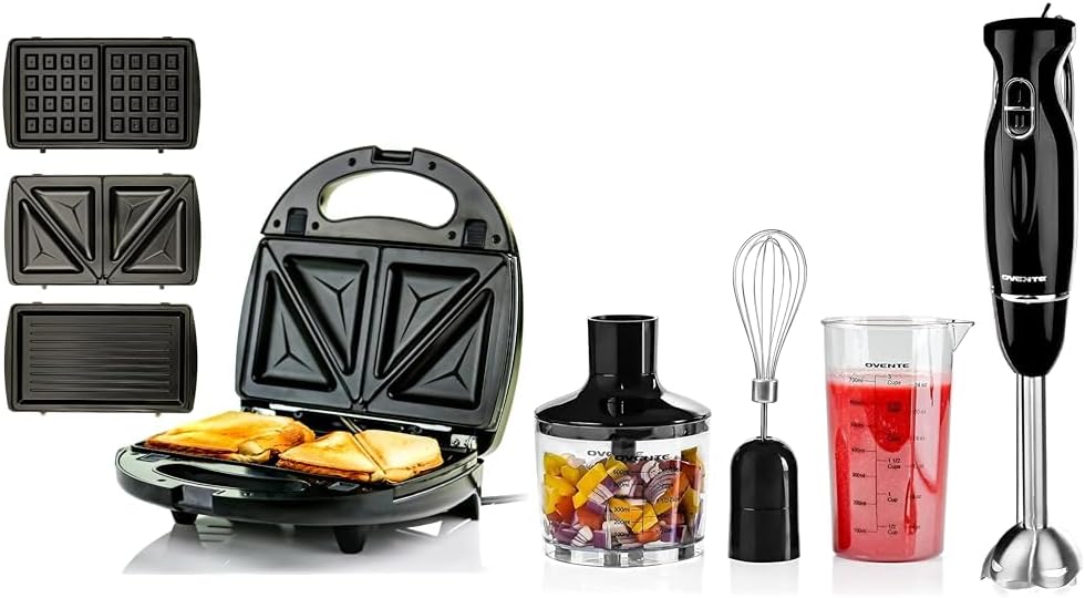OVENTE Electric Sandwich Maker, Panini Press & Waffle Iron Set with Immersion Hand Blender, Food Chopper & Mixing Beaker, Black