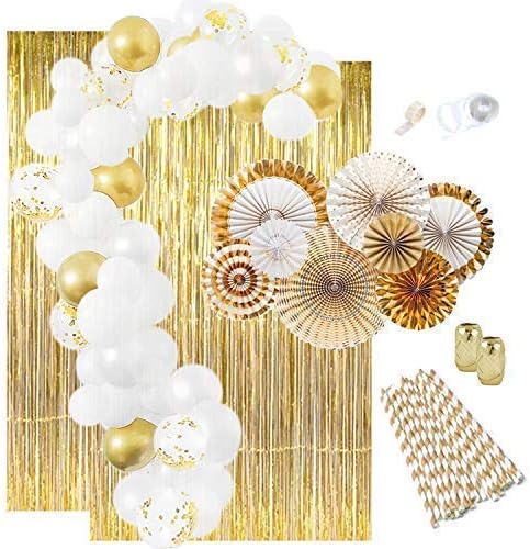 Gold Party Decorations: Gold Graduation Decorations, Gold Decorations White Balloon Garland Kit Gold Paper Fans Gold Foil Curtains New Years Birthday Bachelorette Toga Gatsby 1920s 2020