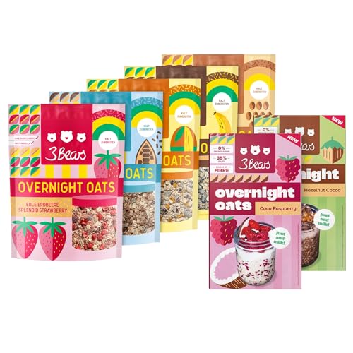 3Bears Overnight Oats Set, 7x400g vegane Porridgemischung, Sorten Himbeere, Haselnuss, Erdbeere, Mango, Koko Kakao, Eiskaffee und Bananen Split, ohne Zusatzstoffe & Industriezucker