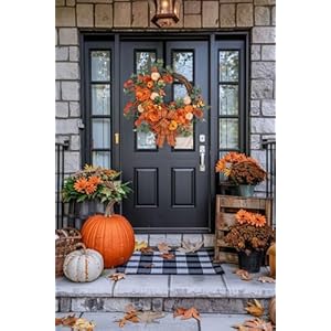 24 Artificial Fall Half Wreath for Front Door Autumn Wreath with Pumpkin Peony Eucalyptus Chrysanthemum and Ribbon for Halloween Thanksgiving Day Indoor Outdoor Farmhouse Window Wall Decor