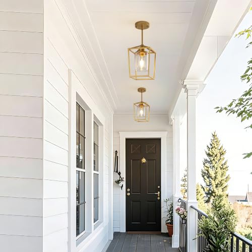 Image of 3 Pack Gold Pendant Lights, Modern Farmhouse Kitchen Pendant Lighting Over Island, Metal Cage Hanging Lights with Clear Glass Shade for Kitchen Island, Dining Room, Entryway, Hallway
