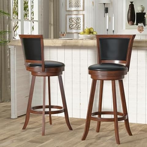 Betterhood 29" Bar Height Swivel Stools, High Back Swivel Bar Stools with Black Faux Leather Upholstered Seat & Solid Wood Footrest, Counter Bar Chairs for Kitchen Island & Pub (Brown, Set of 2) Cover