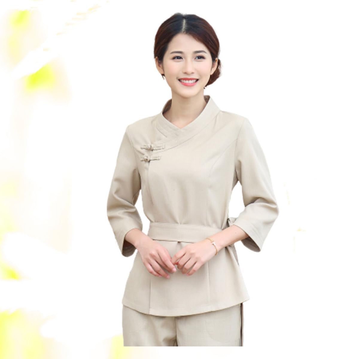 Combinaison de Technicienne en Esthétique Beige Légère et Pliable en Polyester et Spandex pour Vêtements de Travail Professionnels en Salon Spa