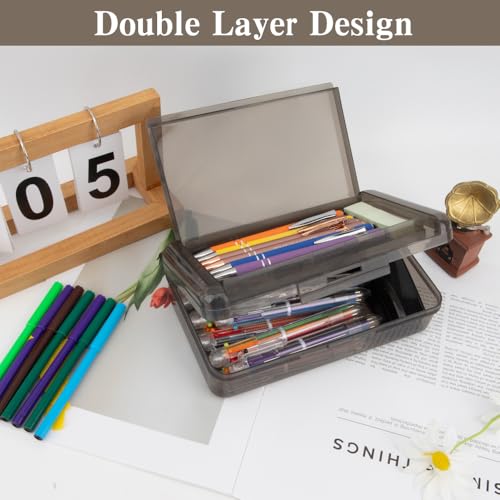 Image of Pencil Case Box, Black Double Layer Large Capacity Plastic Pencil Boxs, Clear Hard Pen Case with Snap-tight Lid,Storage Art Craft Box Marker Organizer for Kids Boys Girls Offices School Supplies