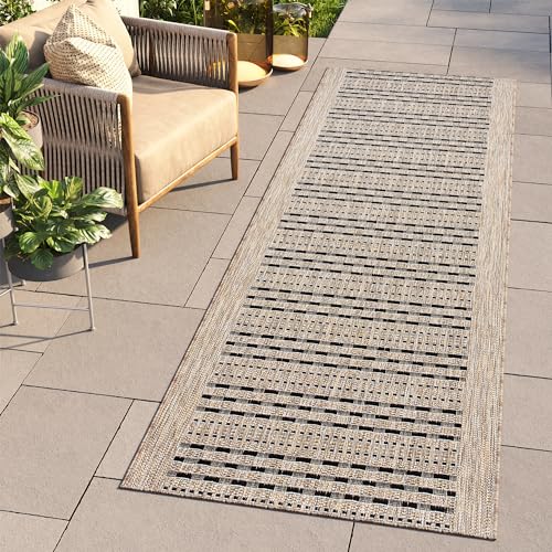 TAPISO Melissa Teppich Läufer Flur Outdoor Indoor Braun Schwarz Modern Muster Wetterfest UV-beständig Wohnzimmer Balkon Terrasse ÖKO-TEX 70 x 100 cm