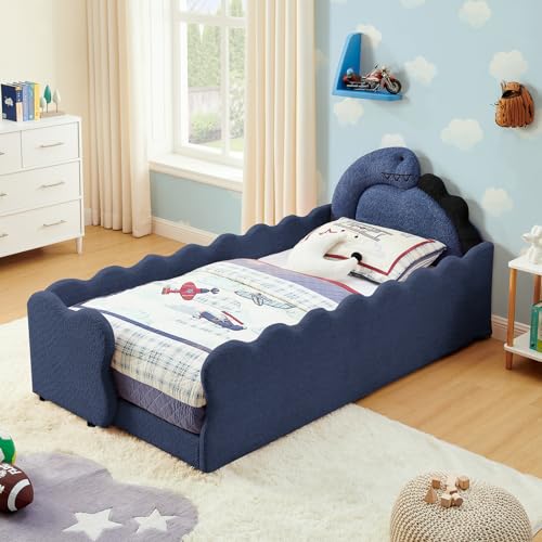 Image of Twin Size Kids Bed with Dinosaur Headboard, Upholstered Boucle Fabric Twin Daybed with Slats Support & Side Pocket, Space-Saving Wooden Corner Sofa Couch Day Bed Frame for Girl, Boy, Teenager(Blue)