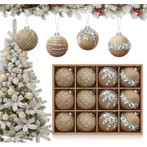 12 Pcs Glitter Brown Velvet Christmas Balls for Tree, 2.36" Flocked Velvet Christmas Ornaments,Shatterproof Hanging Xmas Decoration for Windows, Walls,Porch,Fireplace-4 Styles Brown - 12 Flo