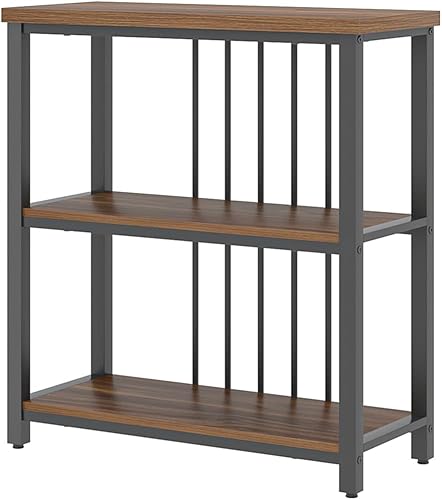 Vista 27 de FOLUBAN Estantería de 3 niveles, estantería industrial y estantes para libros, para dormitorio, madera rústica y metal, para oficina, roble