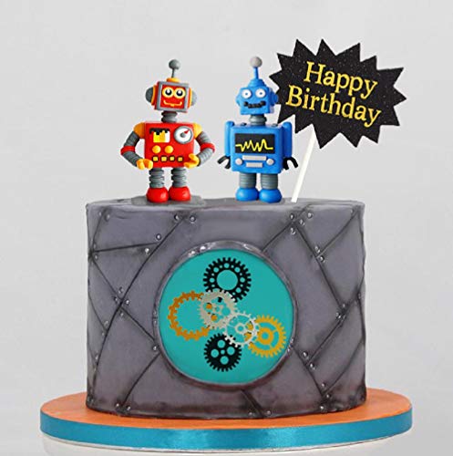 Jevenis Robot Cake Topper Robot Happy Birthday Cake Decoration Gear Cake Topper #TOP4