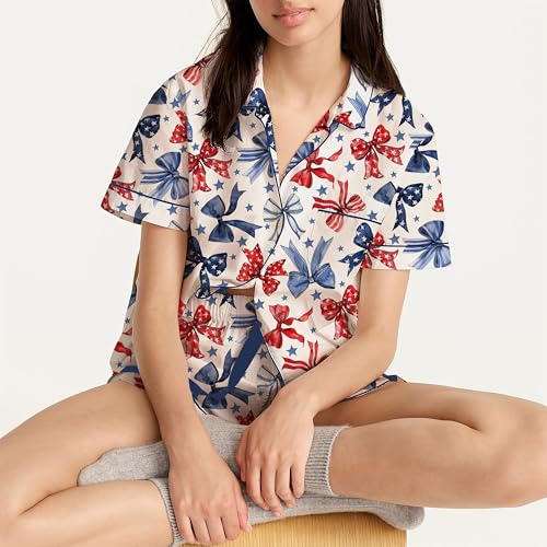 Image of Argeousgor Women 4th Of July Pajama Sets American Flag Short Sleeve Shirt and Shorts 2 Piece Independence Day Pajamas Set