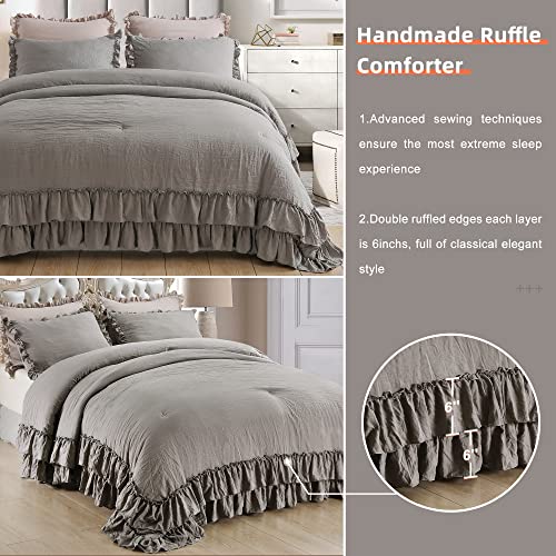Qsh Shabby Grey Ruffled Comforter Set,Farmhouse Queen Bedding Lightweight Extra Fluffy Soft Boho Chic Bed Comforter,3 Pieces All Season Microfiber Inner Fill Bedding #TOP2