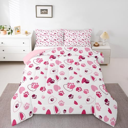 Homewish Teens Pink Love Pattern Comforter Set Queen Size,Animals Paw Bedding Set for Kids Boys Girls Bedroom Decoration,Kawaii Cartoon Bed Duvet Insert,Cat Dog Footprint Comforter with 2 Pillowcases