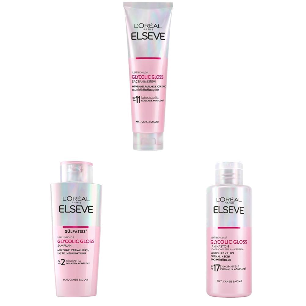 L’Oréal Paris Elseve Glycolic Gloss Parlaklık Veren Saç Bakım Rutini Seti: Şampuan, Saç Kremi, Bakım Spreyi