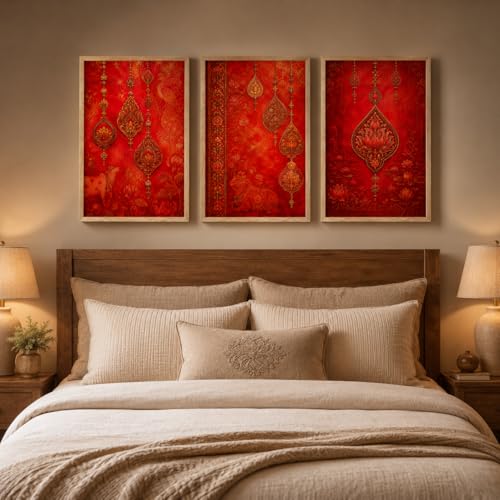 Image of Livin'luxe Set of 3 Red Ethnic Ornament Wall Paintings for Living Room Bedroom Home Decor with Premium Wooden Color Synthetic Frame (25.5 x 19.5 Inch) NM03-96