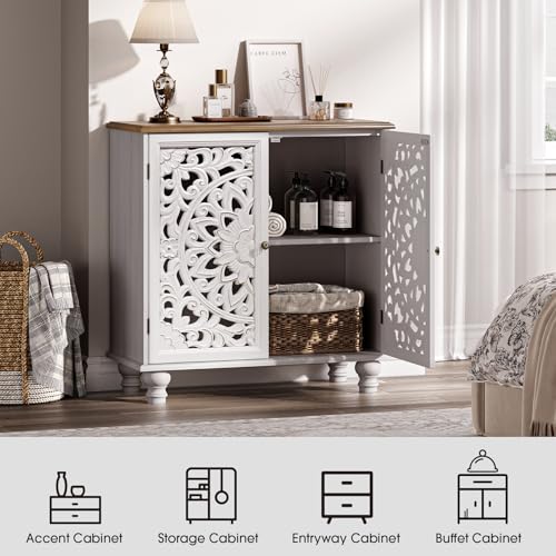 Image of JOINICE 31 inch Accent Storage Cabinet with Carved Doors,Mandala White | Carved Floral Design, Solid Wood Legs, Boho /Farmhouse, Versatile Storage for Living Room & Bedroom & Hallway, Easy Assembly