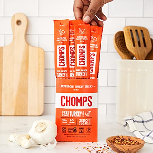 Chomps Free Range Pepperoni Turkey Jerky Meat Snack Sticks, Keto, Paleo, Whole30 Approved, Low Carb, High Protein, Sugar Free, Gluten Free, 60 Calories 1.15 Oz Sticks, Pepperoni Turkey 24 Pack #TOP3