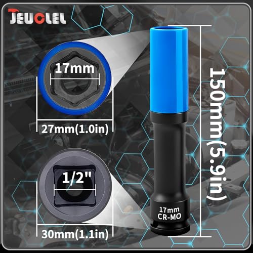 Image of 17mm 1 /2 inch Extra-Long Wheel Protector Impact Socket, Lug Nut Removal | 6 Point, Non-Marring, Thin Wall, Deep Socket, Wheel Protector, Protective Socket, Color-Coded, Cr-Mo Steel, Hand Repair Tool