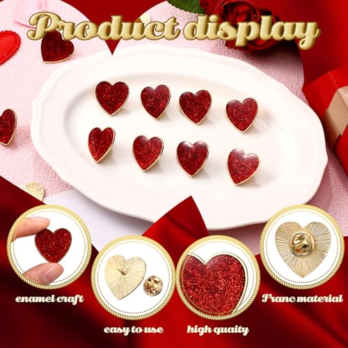 Image of Huquary 16 Pcs Heart Pins Valentine's Day Red Glitter Lapel Enamel Pins Love Heart Lapel Brooch Pin Bulk for Men Women Costume Clothes Bags Hats