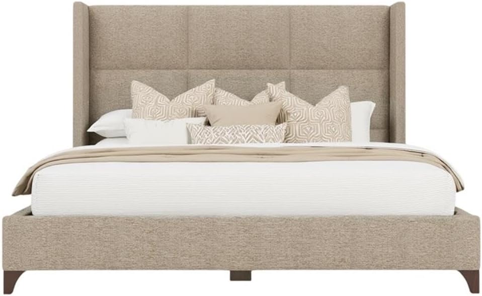 BOWERY HILL Modern Upholstered King Bed, Solid Wood Frame, Tan Performance Fabric, Square Panel Headboard, 57.5 in Tall, Adjustable Base Compatible, Box Spring Required, Elegant Bedroom Furniture