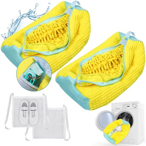 2 Pcs Shoe Washing Machine Bags, XXL Shoe Laundry Bags for Washer and Dryer, Sturdy Zipper with Hook Design, 2 Sneaker Dry Bags Included, Reusable Washing Bag for Sneaker, Tennis, Yellow 2 Packs