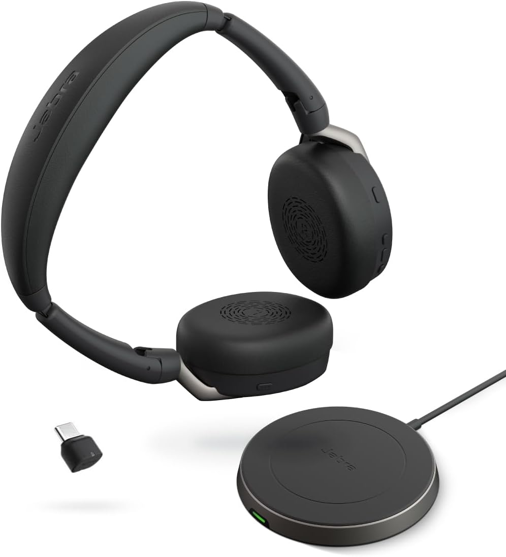 Evolve2 65 Flex Stereo Headset with Bluetooth, Wireless Charging Pad - Noise-Cancelling ClearVoice Technology & Hybrid Active Noise Cancellation - Works with Leading UC Platforms - Black