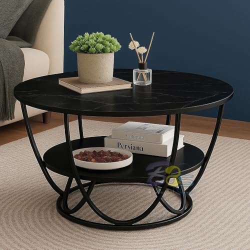 Image of Brown Art SHOPPEE Faux Marble Top Round 2 Tier Metal Coffee Tables Simple Living Room Table Sets, Sofa Center Table End Tables with Metal Frame Home Decor for Living Room (Full Black)