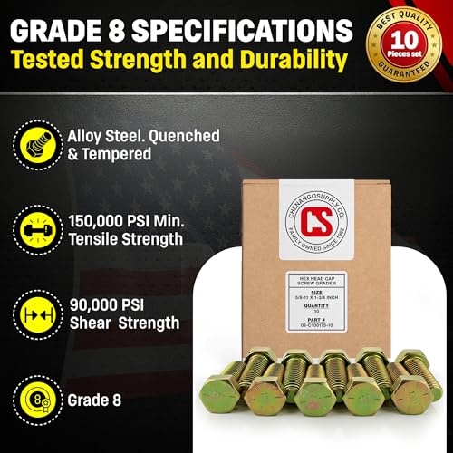 Image of Chenango Supply 5 /8-11 x 1-3 /4 inch Grade 8 Hex Head Cap Screws | Alloy Steel Hex Bolts, 150,000 PSI Tensile Strength, Yellow Zinc Chromate Finish, USS Coarse Thread Fasteners (10 Pack)