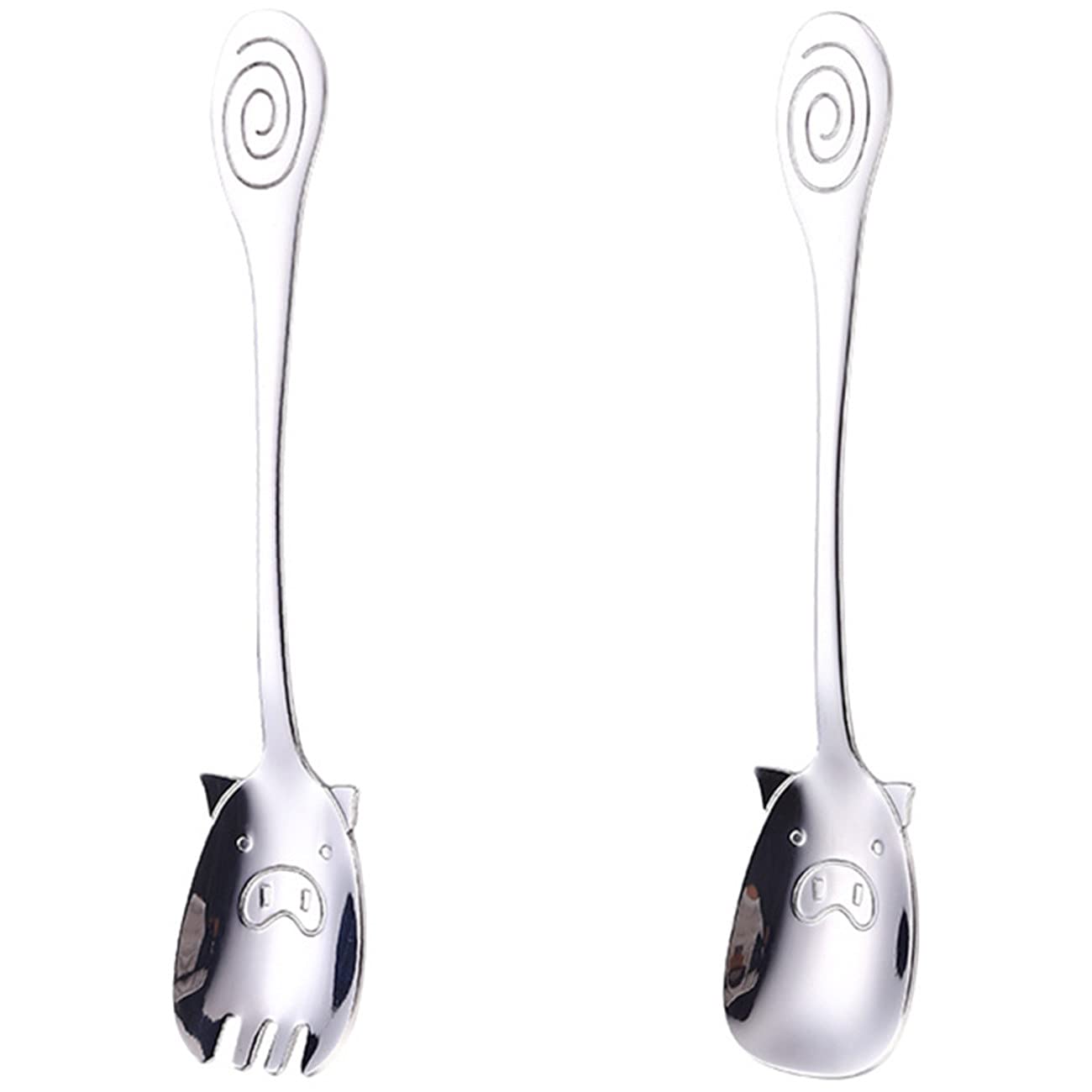 Pig Spoon/Fork Coffee Stirrers Ice Tea Spoon Stainless Steel Iced Teaspoon for Coffee Cold Drink a pair (Silver)