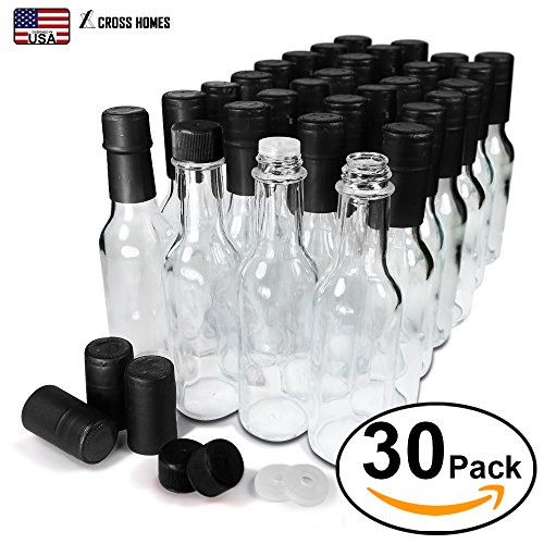 Hot Sauce Woozy Bottles Empty 5 Oz Complete Sets Of Premium Commercial Grade Clear Glass Dasher Bottle With Shrink Capsule, Leak Proof Screw Cap, Snap On Orifice Reducer Dripper Insert (Black 30 Sets) #TOP7