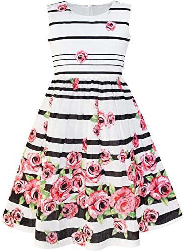 Sunny Fashion LP35 Girls Dress Black Striped Pink Flower Size 11-12
