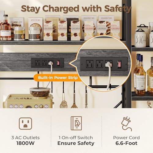 Image of SUPERJARE Larger Bakers Rack with Power Outlets, 6-Tier Microwave Stand, Coffee Bar with 12 S-Shaped Hooks, Kitchen Shelf with Wire Basket, 47.2 x 15.5X 66.9 Inches, Grey