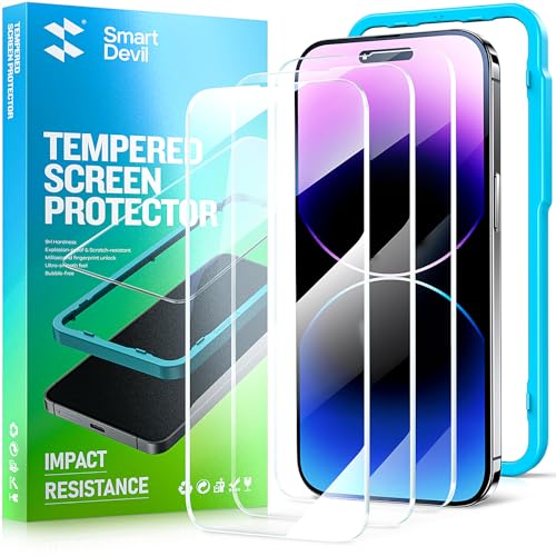 SMARTDEVIL 3 Pack Screen Protector for iPhone 14 Pro, Clear Tempered Glass Film, with Alignment Frame (Easy & Fast Installation)