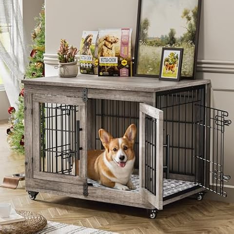 Lulive Dog Crate Furniture for Medium Dogs, 32'' Dog Kennel Indoor with Cushion & Wheels Wooden Dog Cage Double Doors Dog Crate End Table, Grey Cover