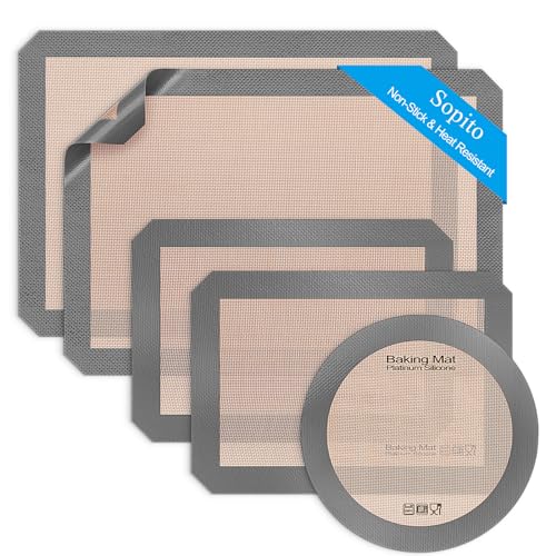 Silicone Baking Mat-Set of 5 (2 Half Sheet Mats + 2 Quarter Baking Sheets+ 1 9'' Oven Liner), Sopito Non Stick, Food Safe & Reusable Bakeware Mats for Cookies, Macarons, Bread and Pastry Silicone Baking Mat-Set of 5 (2 Half Sheet Mats + 2 Quarter Baking Sheets+ 1 9'' Oven Liner), Sopito Non Stick, Food Safe & Reusable Bakeware Mats for Cookies, Macarons, Bread and Pastry