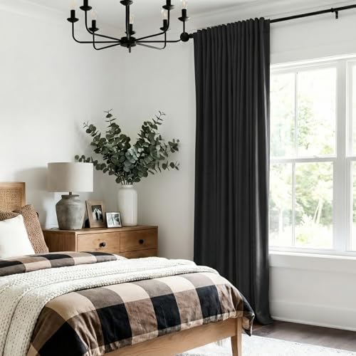 Image of 100% Blackout Shield Linen Blackout Sliding Door Curtains for Living Room, Back Tab /Rod Pocket Thermal Insulated Curtains for Sliding Glass Doors, 1 Panel Set, 100 inch W x 96 inch L, Black