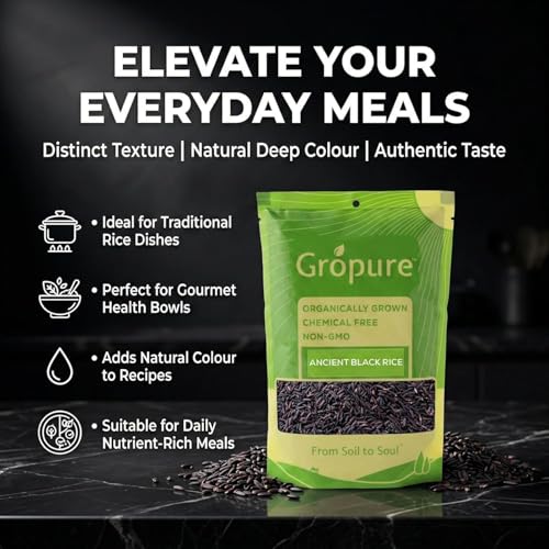 Image of GroPure Organic Black Rice 450g | Karuppu Kavuni Rice | Forbidden Rice | Ancient Black Rice | Karupu Gowni Rice | Hand Pounded Unpolished Rice | Chemical & Pesticide Free | Rich in Antioxidants, Protein & Iron