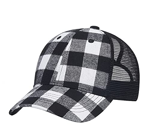 Image of Quanhaigou Trucker Hat - Mesh Snap Back - Unisex Adjustable Baseball Cap - Outdoor Hats for Men Women (Plaid Black)