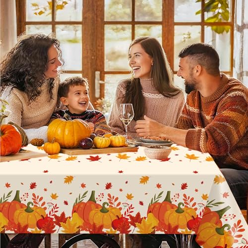 Image of 3 Pack Thanksgiving Disposable Tablecloths,54 x 108 Inch Thanksgiving Decorations,Give Thanks Table Cloth for Rectangular,Pumpkin Maple Tablecloths for Home,Party,Outdoor Picnic,Fall Theme,Baby Shower