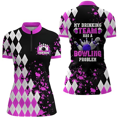 Women's Yellow Argyle Retro Bowling Quarter Zip Jersey Customized - My Drinking Team Has a Bowling Problem Q69513