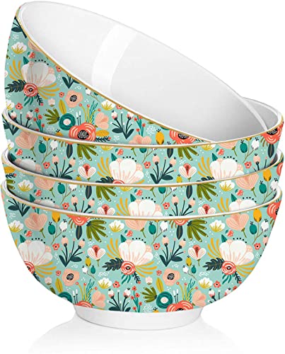 Leazul Ceramic Soup Bowls Cereal Bowl, 22 Ounce Bowls Set Chip Resistant Dishwasher & Microwave Safe Porcelain Bowls For Kitchen Mint Floral Bowls For Cereal Soup Rice Pasta Salad Oatmeal, Set Of 4 #TOP7