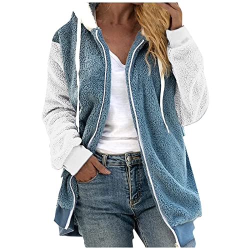 Fuzzy Fleece Jackets for Women Plus Size Hoodies Fall Winter Coats Color Block Patchwork Cardigan Coat with Pockets