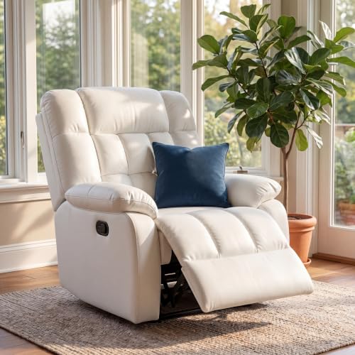 Image of Oversized Recliner Chair, Leather Recliner Adjustable with Side Pockets, Living Room Reclining Lounge Chair for Adults, Small Spaces Comfy Sofa with Theater Seating for Bedroom, Movie,White