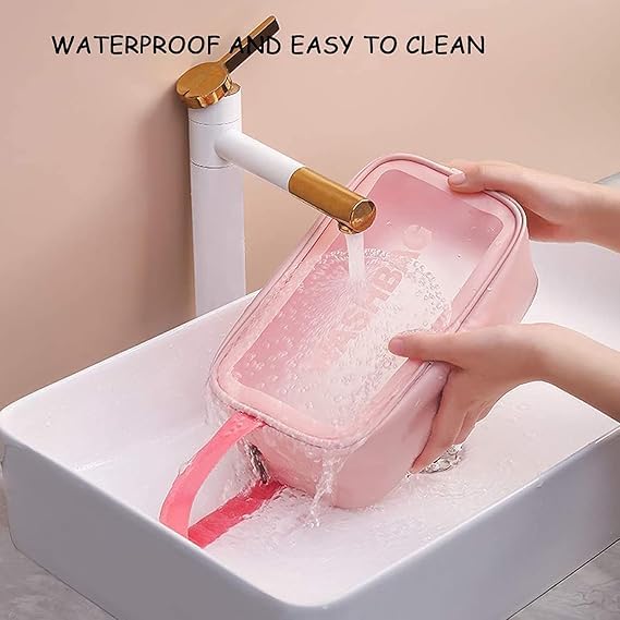 Image of Gritty Wash Bag Pouch for Travel Kit Toiletry Bag Cosmetic Bag Make Up Box for Brushes, Accessories with Handle, Large Capacity Translucent Waterproof Travel Storage Organizer Set of 3 (Pink)